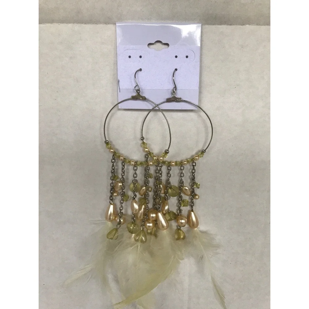 Pierced Earrings‎ Faux Pearl beads Chandelier Dangle Drop Delicate feathers 6